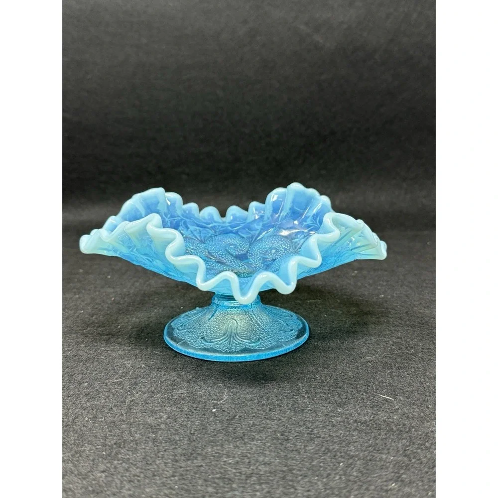 Dugan Blue Opalescent Question Marks Pedestal Bowl Carnival Glass Vintage